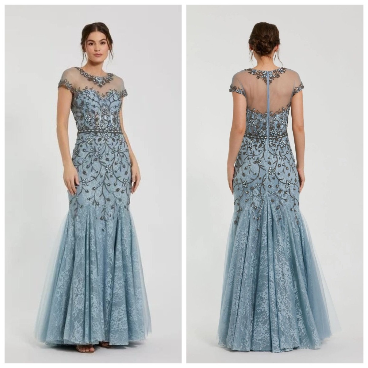Elegant Blue Lace Ball Dress with Illusion Collar Crystal Decal Evening Gown