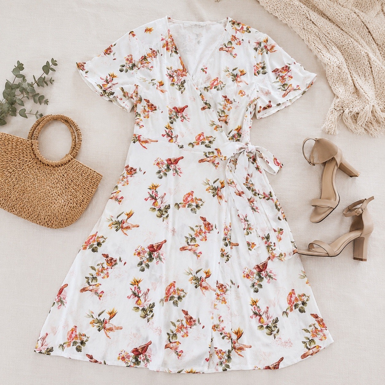 Forever 21 Wrap Dress Womens Large Ivory Orange Bird Floral Print Summer Mini