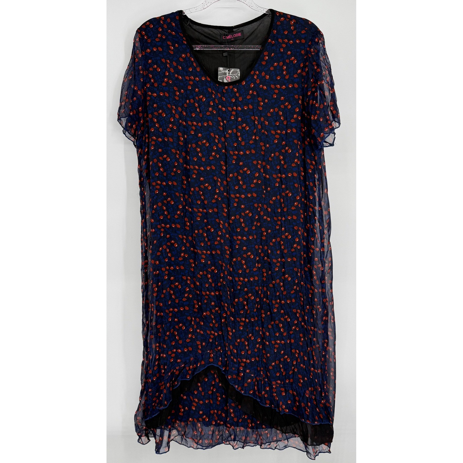 C’Melodie Paris Womens Navy Blue Red Floral Silk Blend Chiffon Dress Sz XL NEW