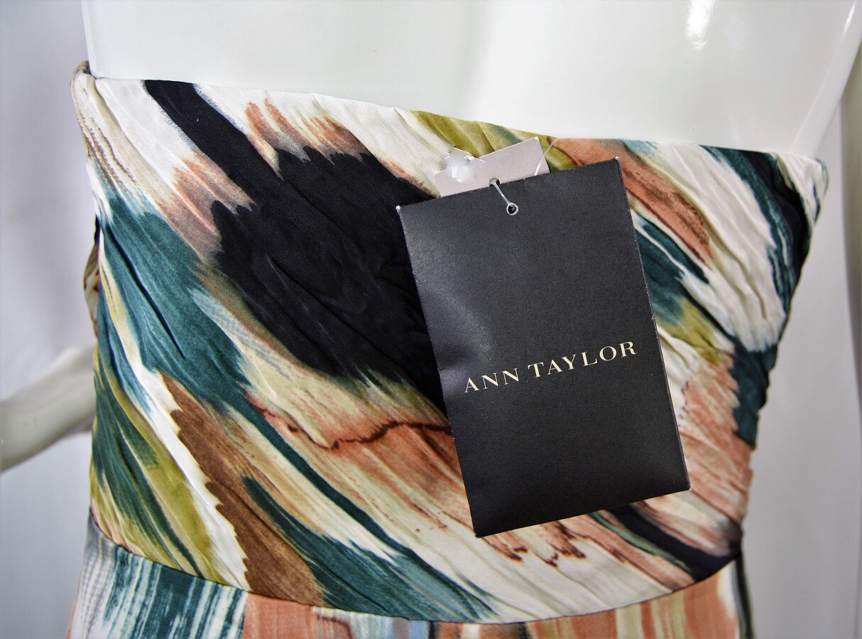 NWT $198 Ann Taylor Brush stroke print Drapery strapless formal Dress Sz 8P, 12P