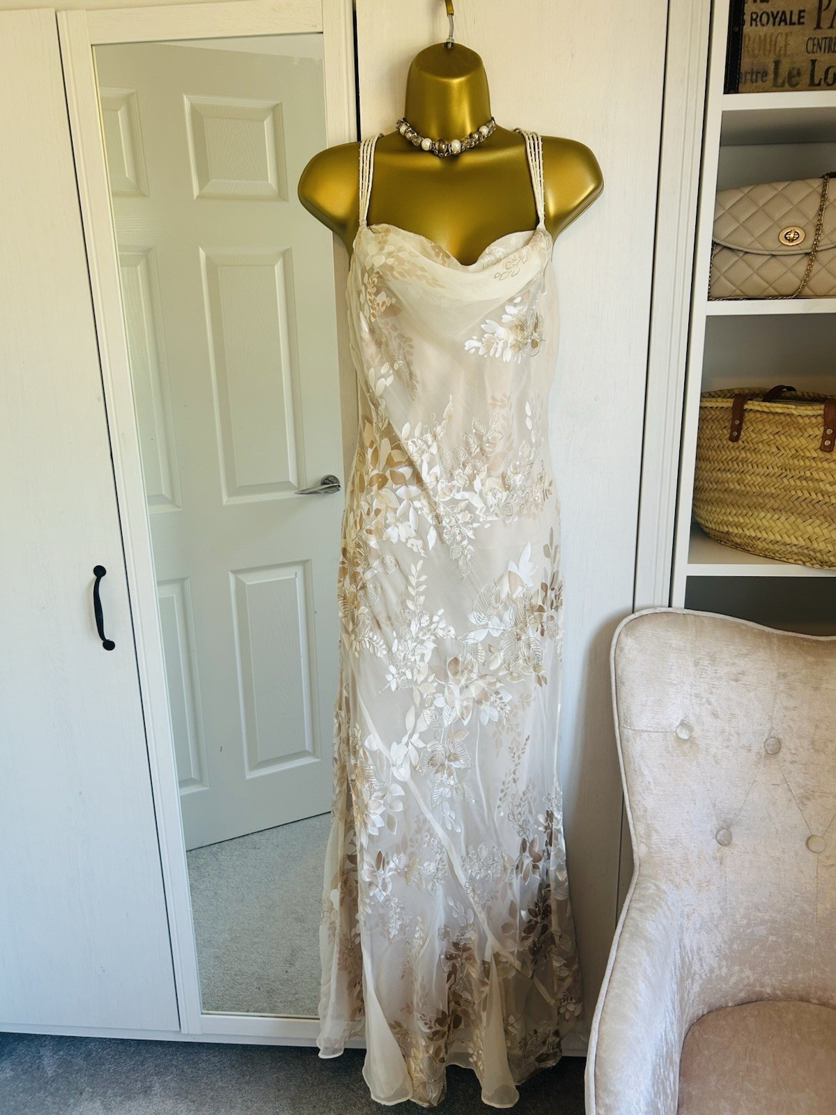 Monsoon Vintage Silk Cream Gold Devore 20s Deco Y2K Bride Long Dress 12