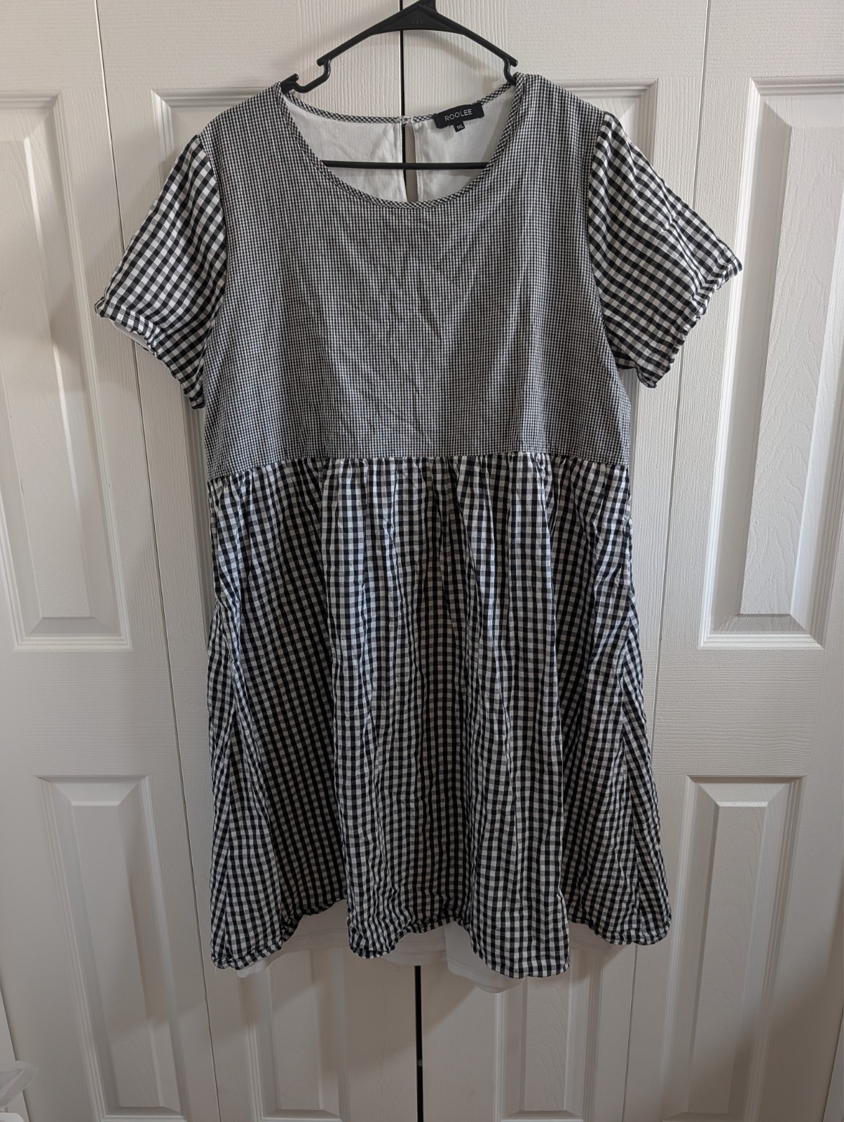ROOLEE Mixed Gingham Plaid Babydoll Mini Dress Short Sleeve Black White Women 1X