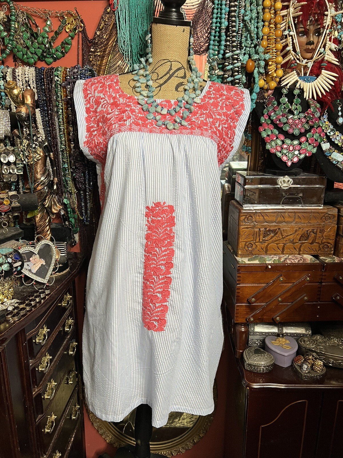 Very Pretty J Marie Blue & White Stripe With Tangerine Embroidery Mini Dress S/M