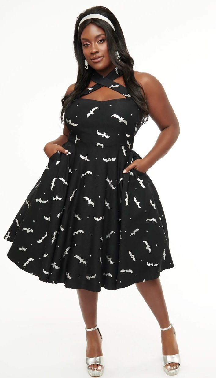Unique Vintage Womens Black Silver Bats Goth Swing Dress Size XL Halter