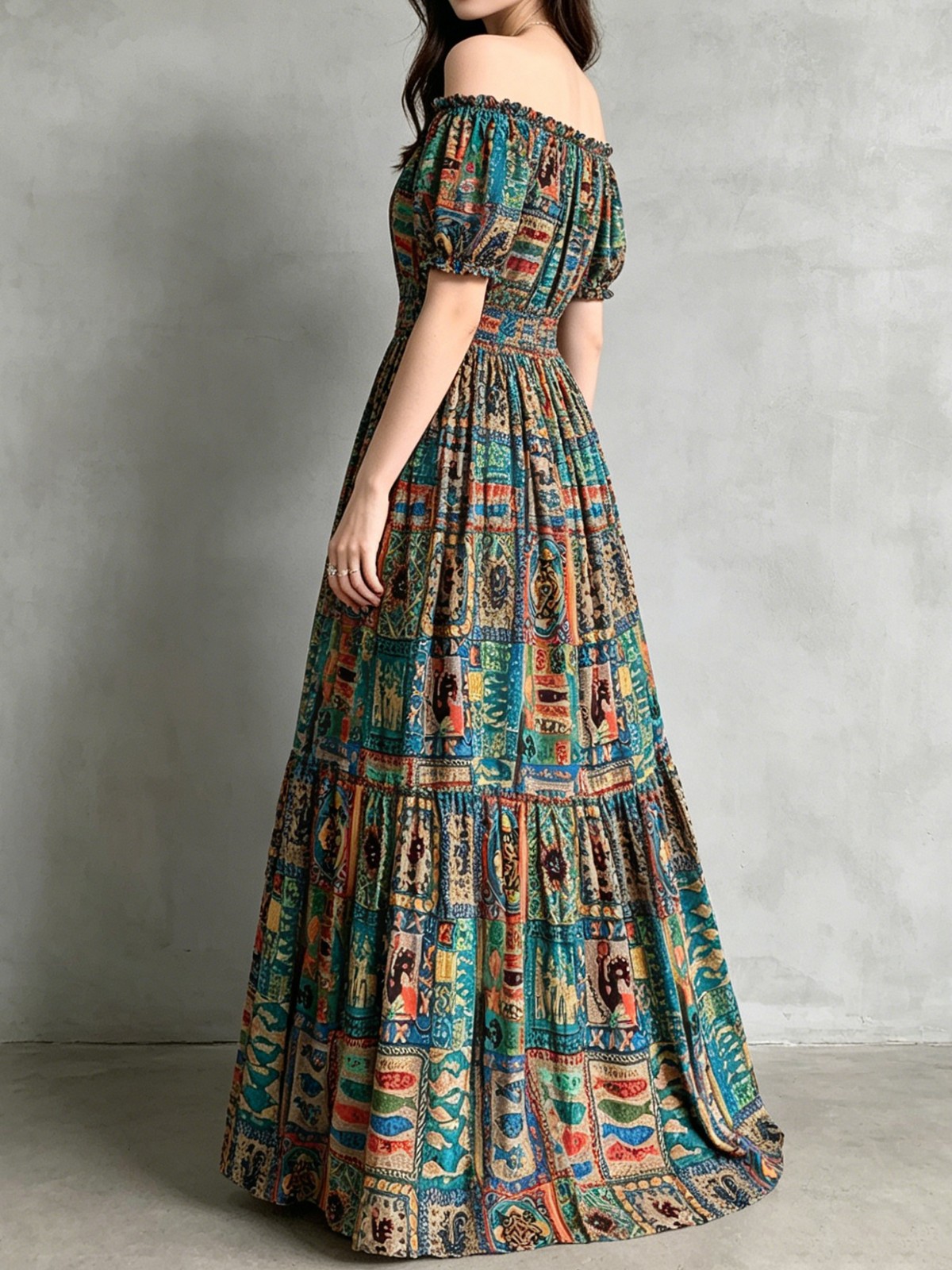 Ladies Bohemian Elegant Swing Maxi Dress Elastic Waist Comfort All Figures