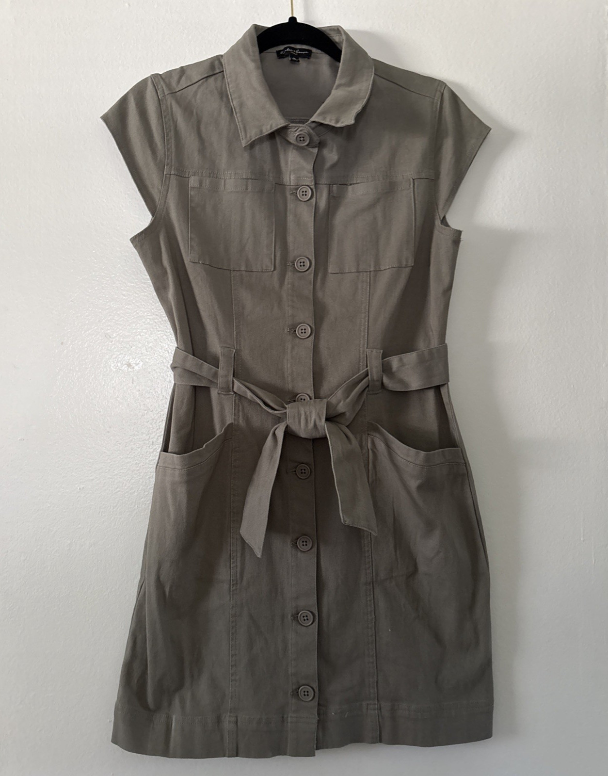 Hunter & Brown Button Cap Sleeve Cargo Safari Green Belted Dress M Pockets