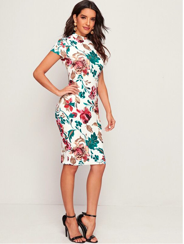 Multicolor Mock-Neck Botanical Print Summer Bodycon Pencil Dress Sz XS S M L XL