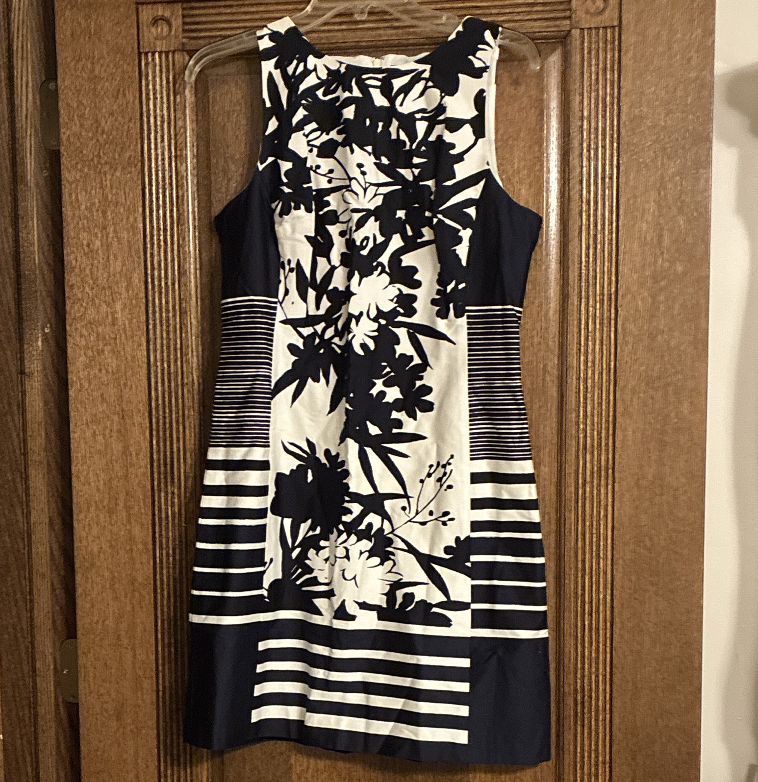 Lauren Ralph Lauren Floral Striped Pencil Knee Dress Sleeveless Navy White 8