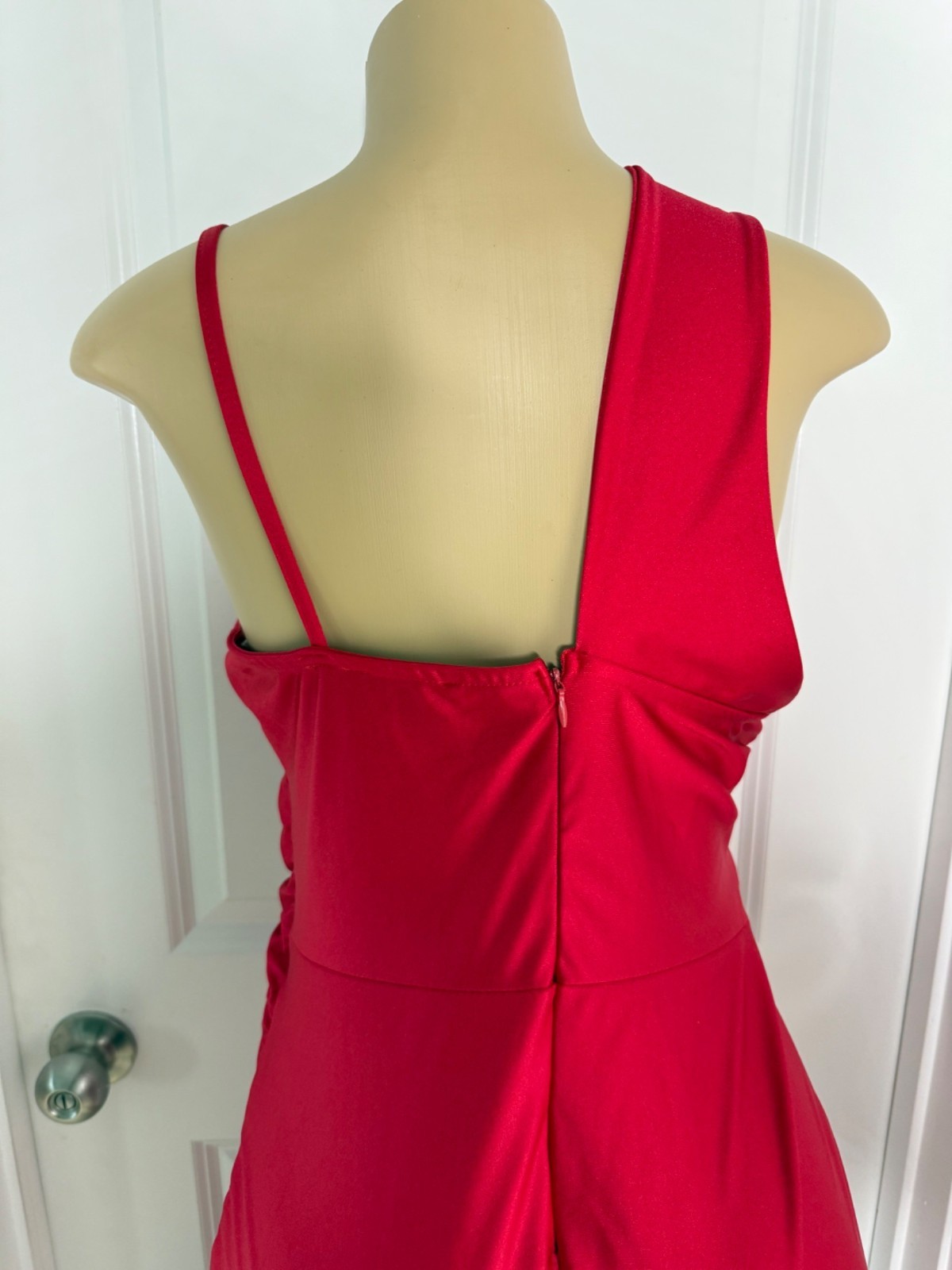 Red Sleeveless Plunging V-Neck Gown With Side Slit & Back Zipper Closure