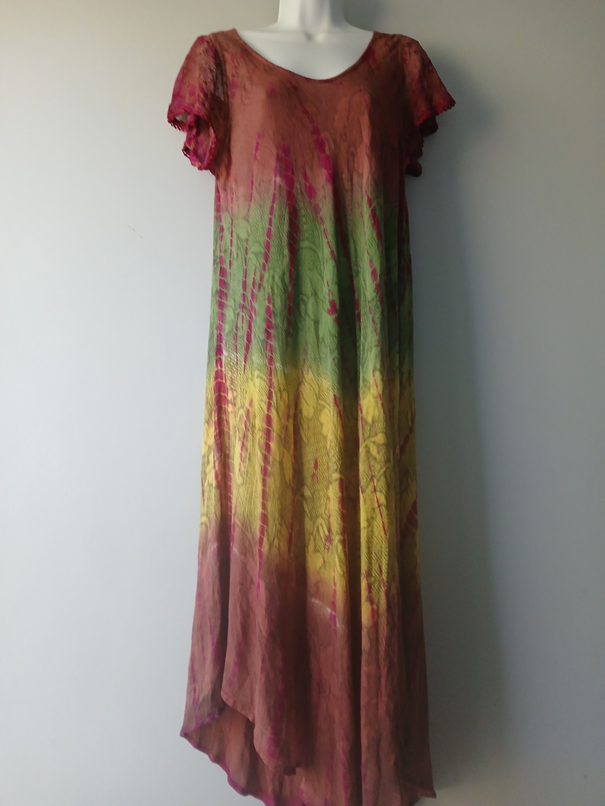 Sakkas Boho Caftan Dress Kaftan Rayon Hippy Tie Dye Multi Cap SLV Multi Sheer OS