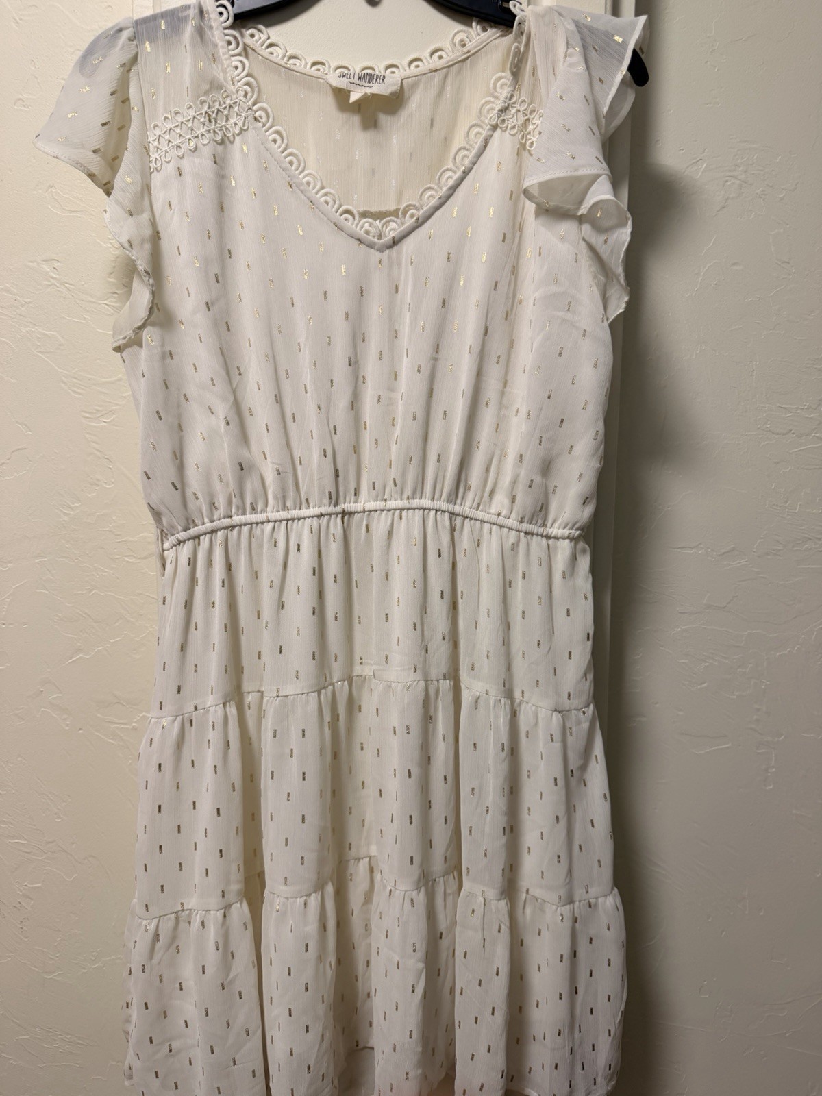 Sweet Wanderer White Gold Metallic Clip Dot Tiered Cottagecore Dress L