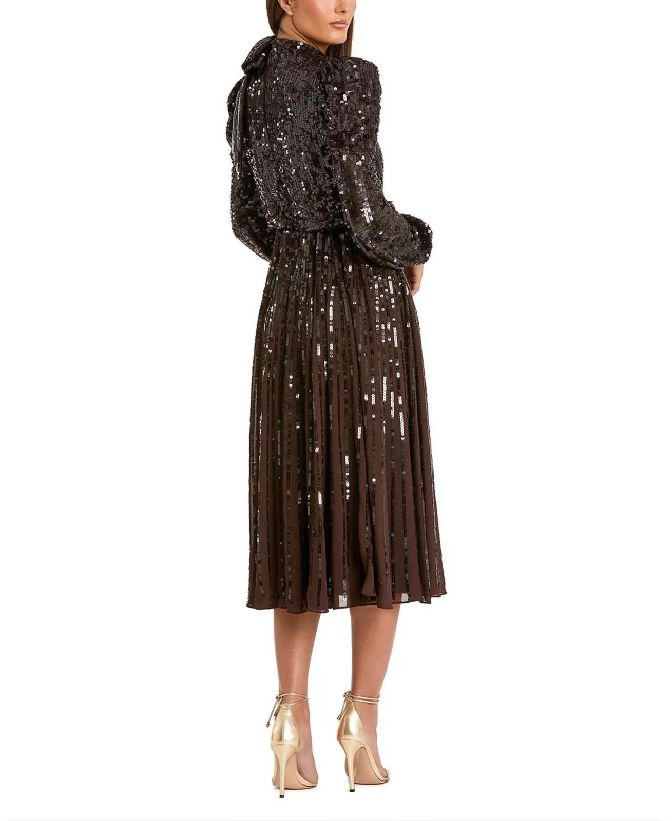 Mac Duggal Dark Chocolate Brown Long Sleeve Tea Length Sequin Dress Size 16 $598