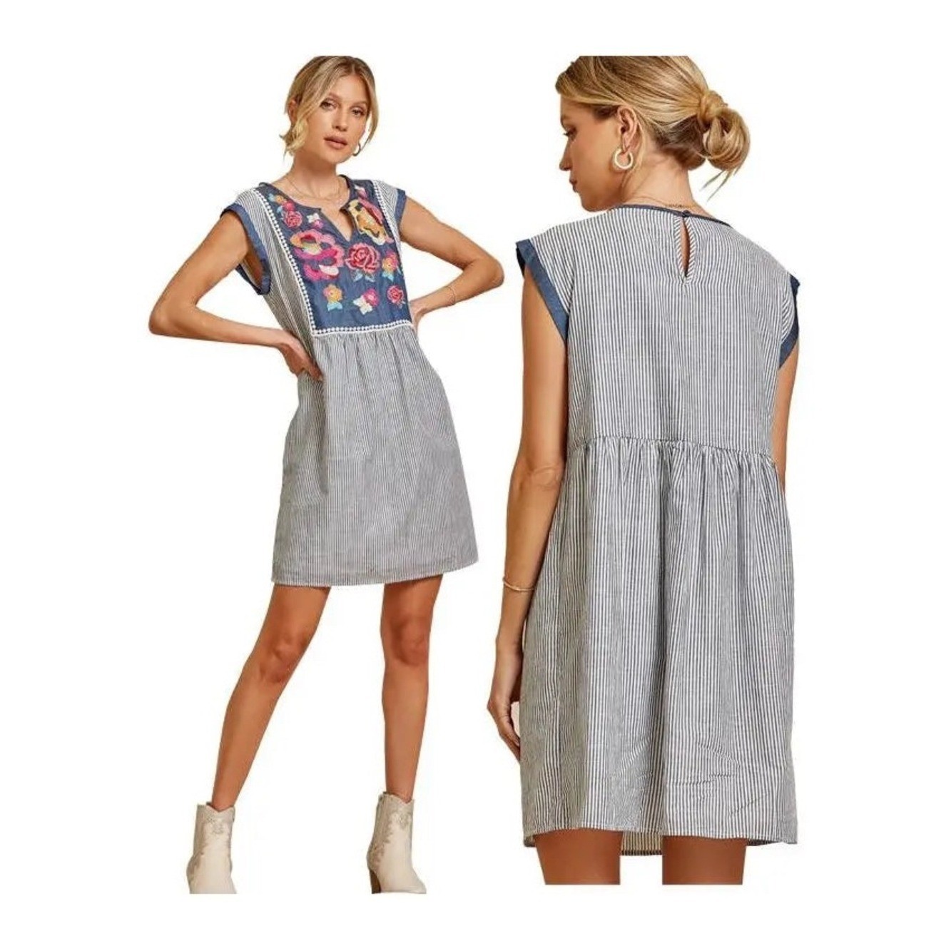 SAVANNA JANE Down to Georgia Blue Striped Floral Embroidered Boho Mini Dress, M