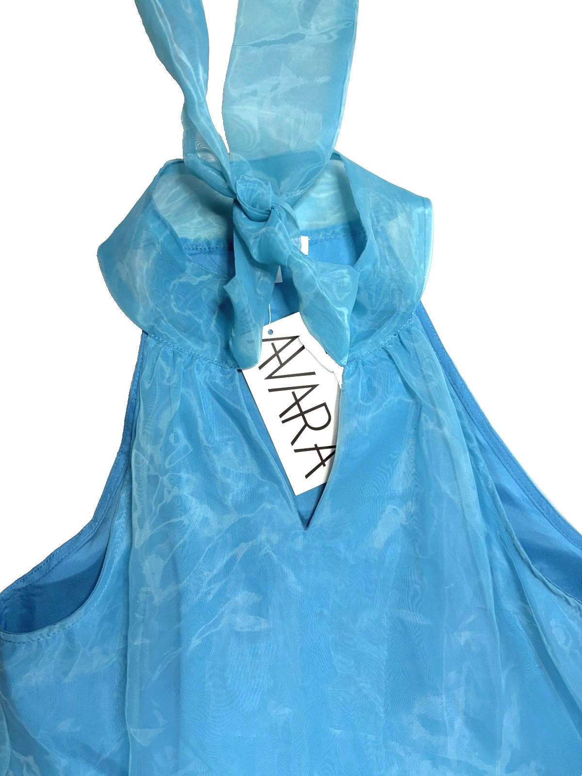 Sheer Dress Bow Neck Keyhole Mini Dress Turquoise Blue Collar Size Small NWT