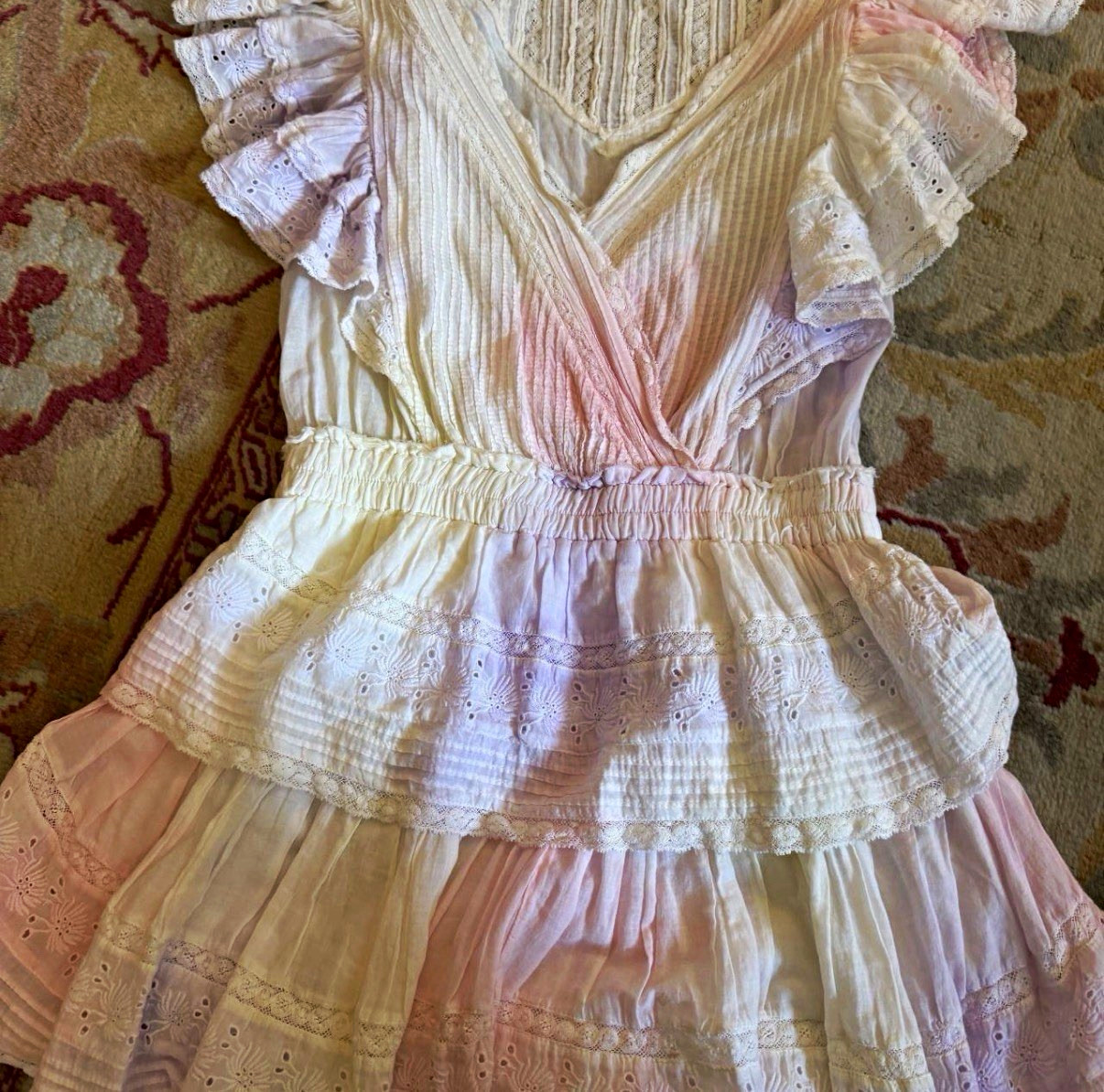 LoveShackFancy White/Pink Cotton Lace Ruffle Smocked V-Neck Mini Dress M