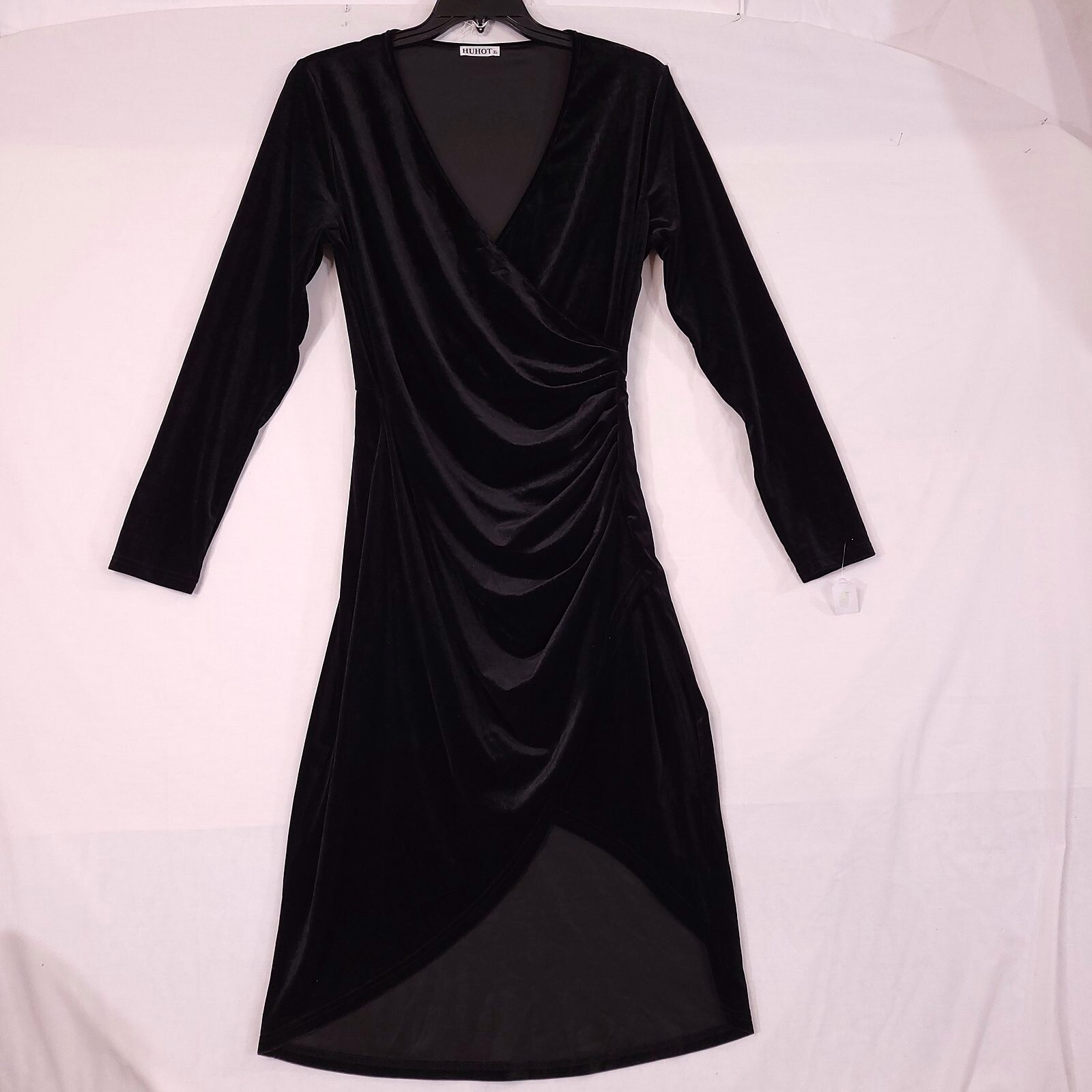 Huhot Long Sleeve Deep V-neck Ruched Party/Cocktail Maxi Dress Black Size XL