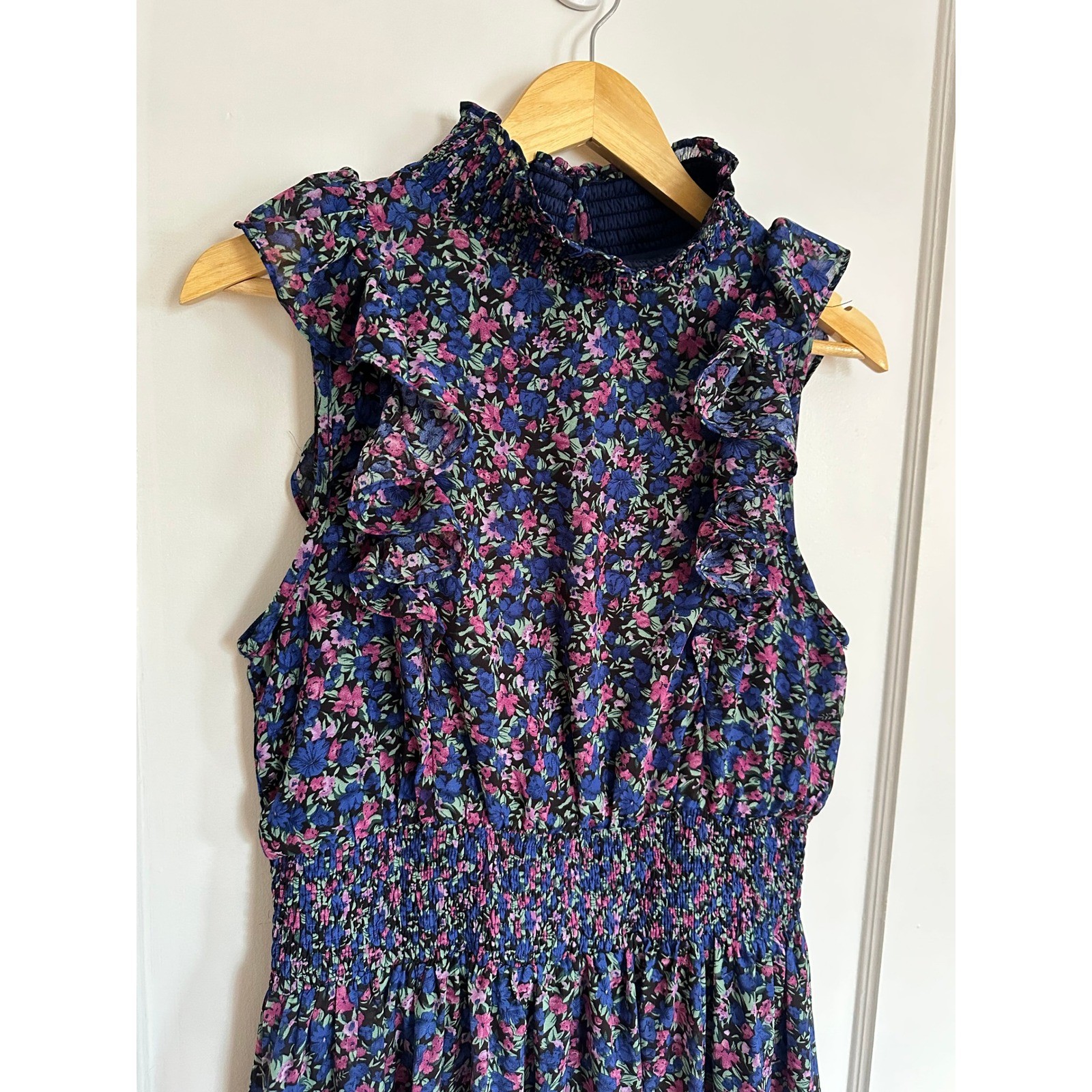 Lulus Evalina Blue Floral Midi Dress Smocked Ruffle Garden Wedding Guest Large