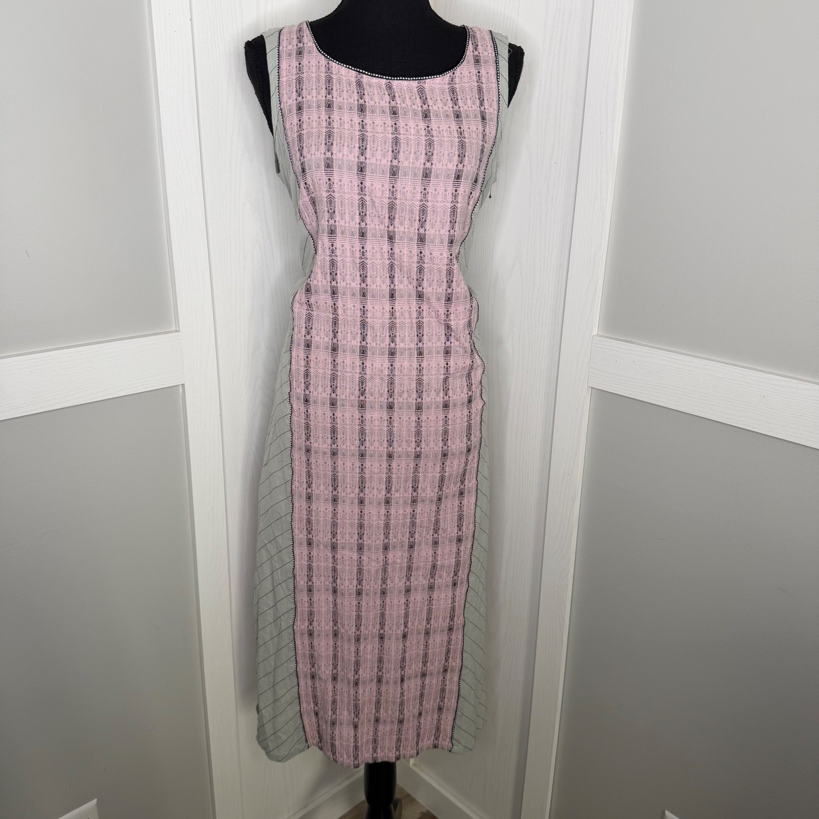 Aurelia Kurta Tunic Dress Women Large Pink Grey Cotton Geometric Pinstripe Slit