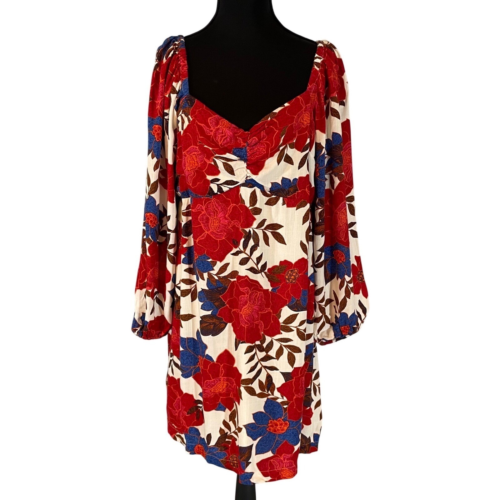 Womens Floral Balloon Sleeve Smocked Back Mini Dress Red Blue Size L Boho Chic