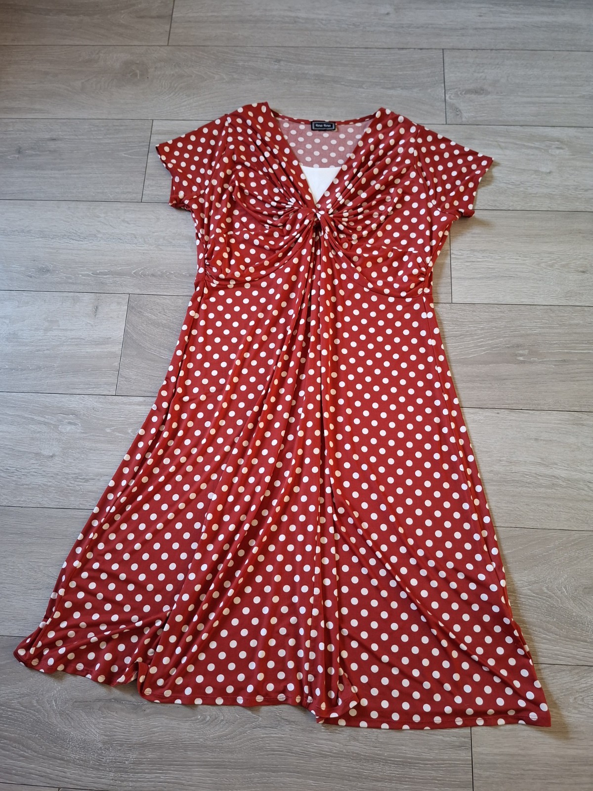 Rosa Rosa Red & White Spotted Stretch Midi Dress Flared Ruched Smart Casual UK16