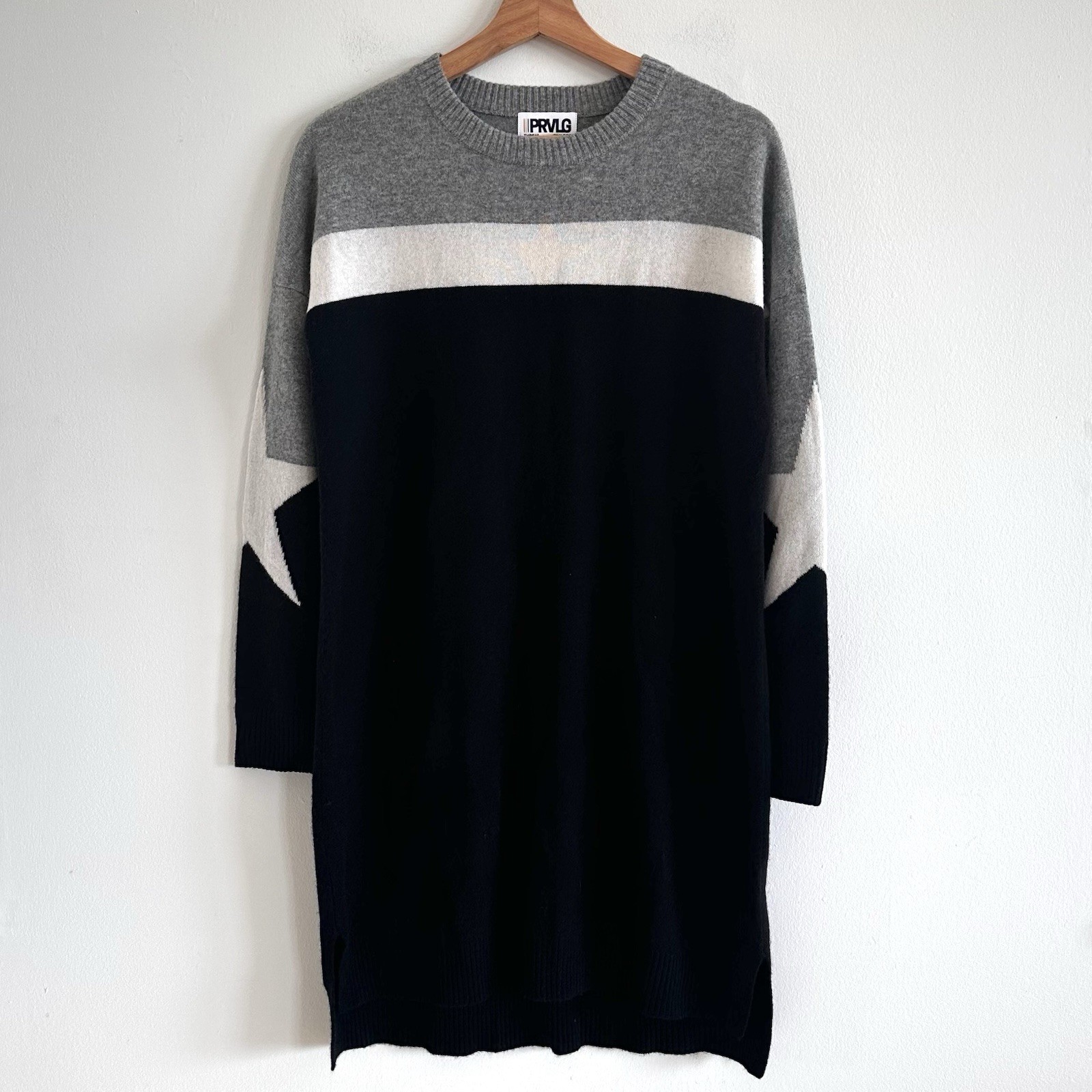 PRVLG Threads of Privilege Gray and Black Star Elbow Cashmere crew neck dress XS