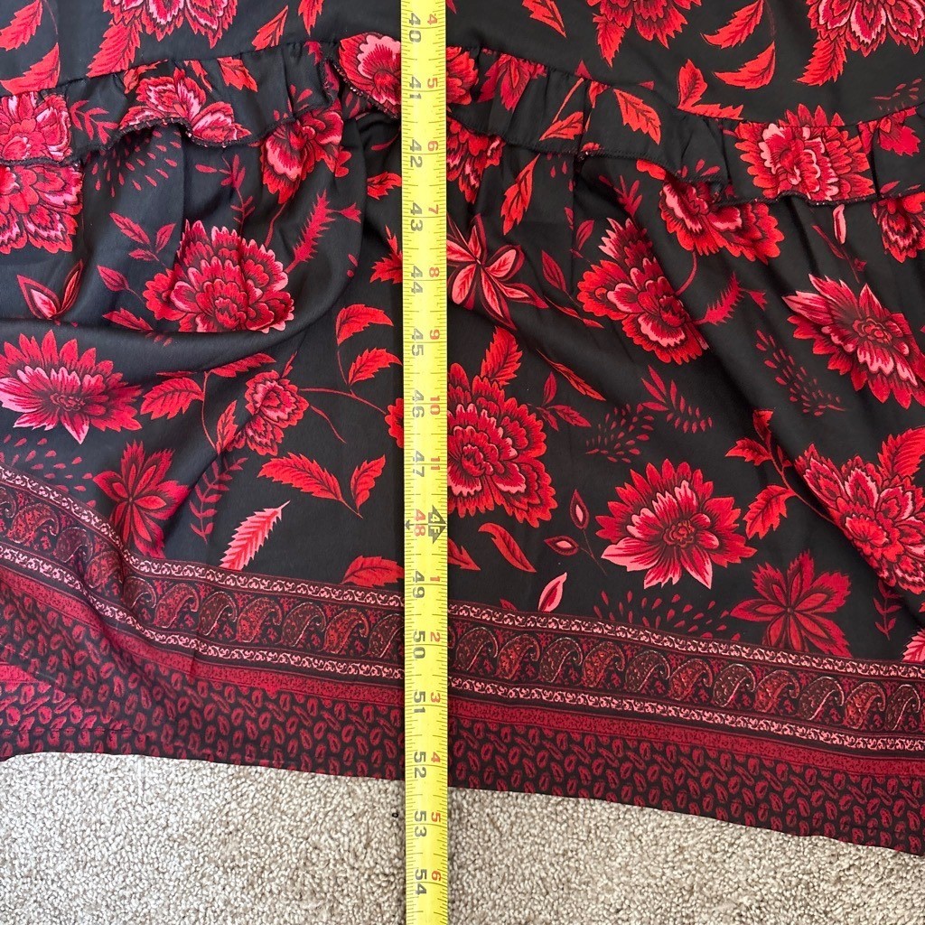 Boemo Floral Maxi Dress Womens L Red Black Long Sleeve Tiered Ruffle Boho