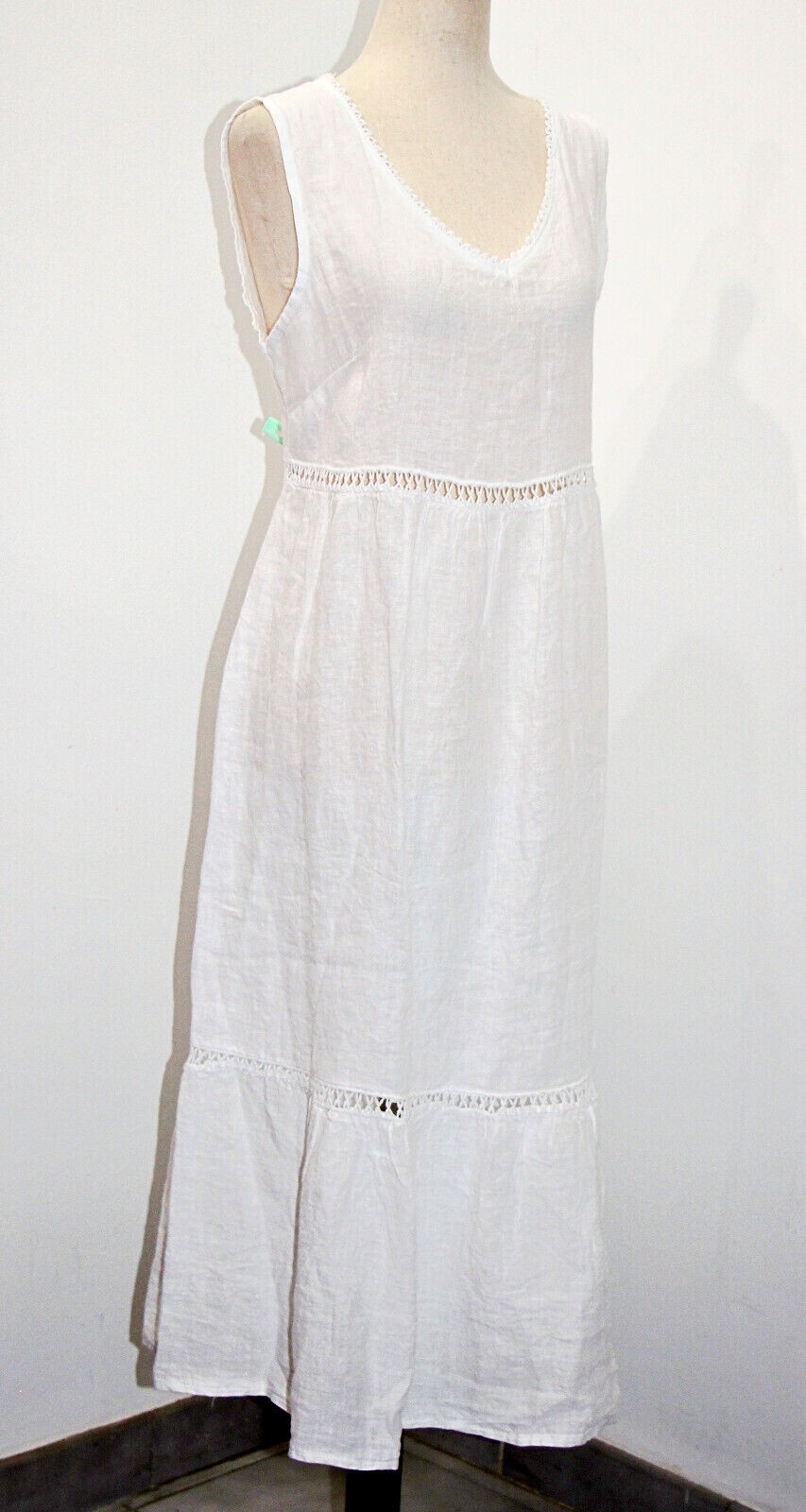 Valentina Naldi 100% Linen Crochet Trim Tiered Summer Dress sz M Made in Italy