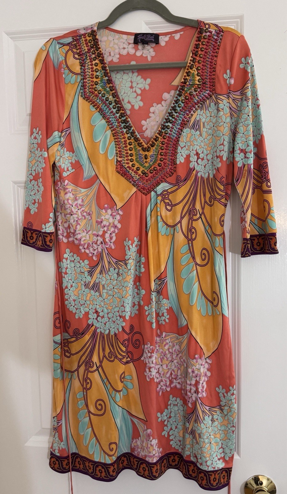 Hale Bob Women’s Dress Medium, Orange, Coral, and light Teal Graphic