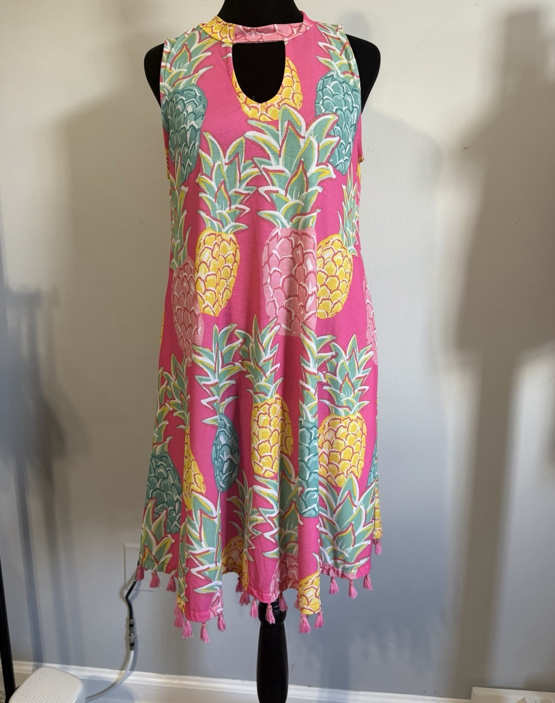 Simply Southern S Pink Pineapple Print Dress Keyhole Tassel A-Line Knee