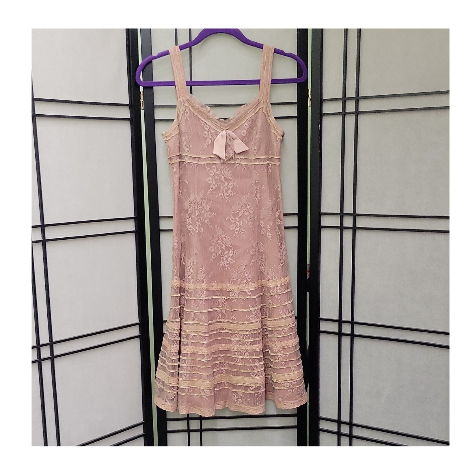 CYNTHIA STEFFE A-Line Dress Pink Lace Bow Floral Sleeveless Knee V-Neck Size 2