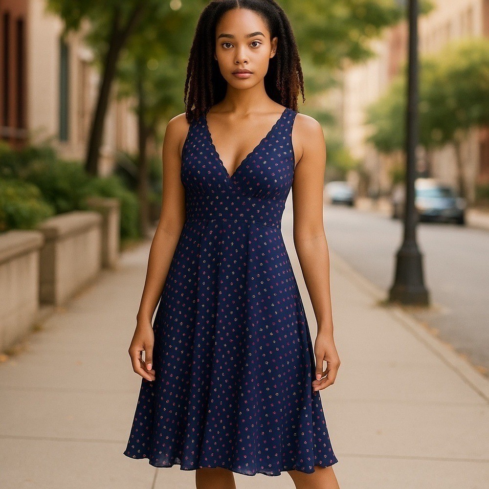 Jonathan Martin Navy Blue Red Polka Dot Retro V-Neck Midi Dress 10 RN50640