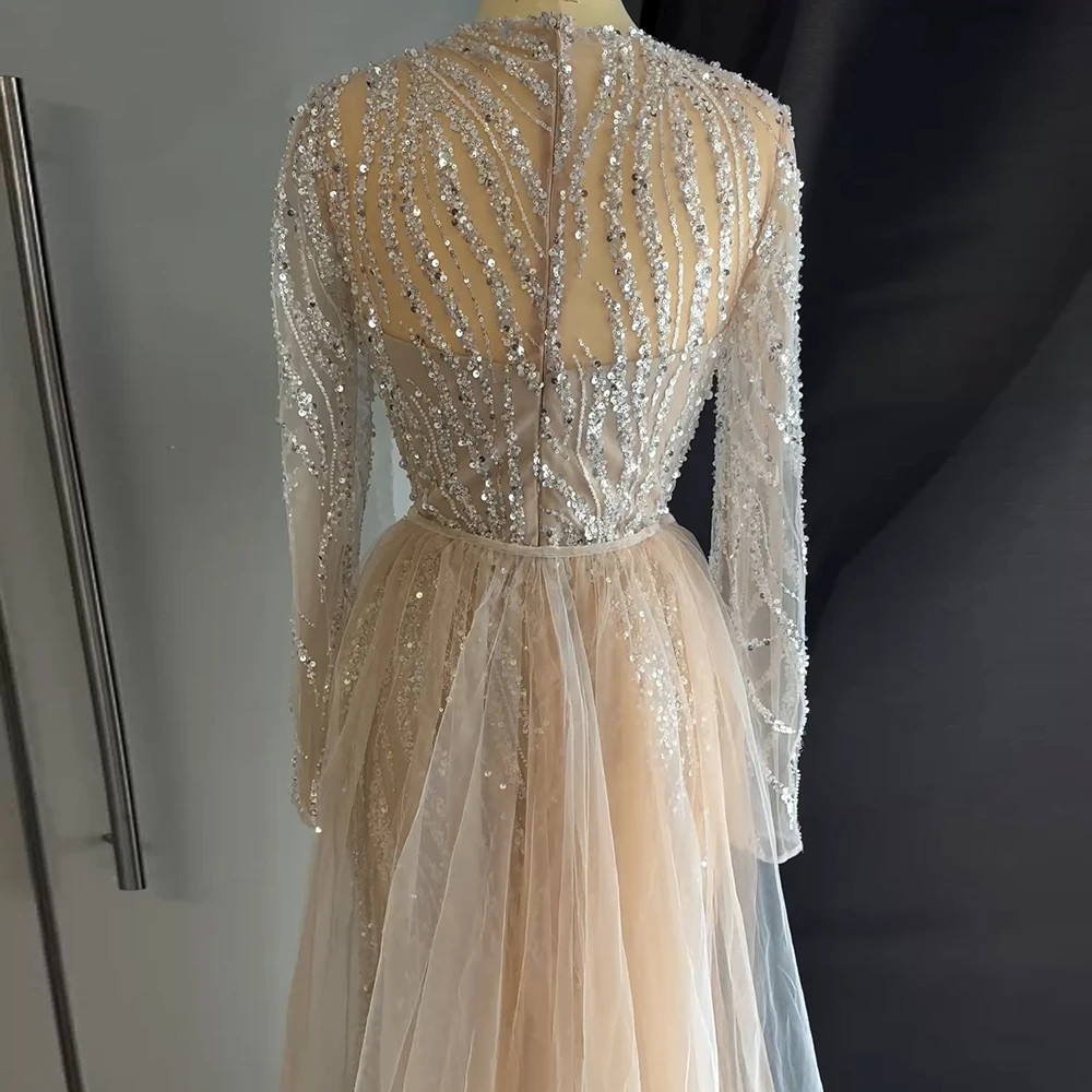 Illusion Neck Long Sleeve Beaded Mermaid Tulle Overskirt Evening Gown Train