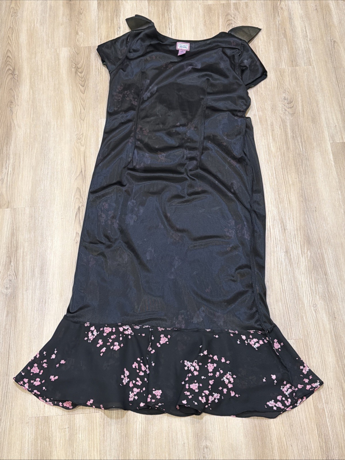 Premier International Floral Midi Dress M 10-12 Black A-Line Sheer Overlay Y2K