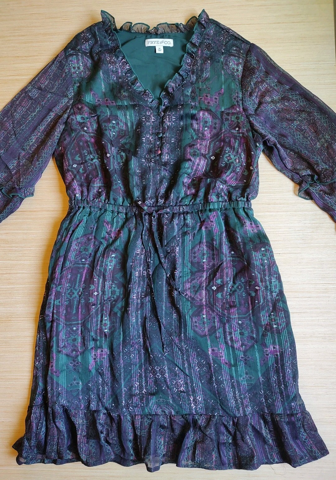 Frye Knee Length Dress Ruffle Buttons Lurex Green Purple Floral Size M Women’s