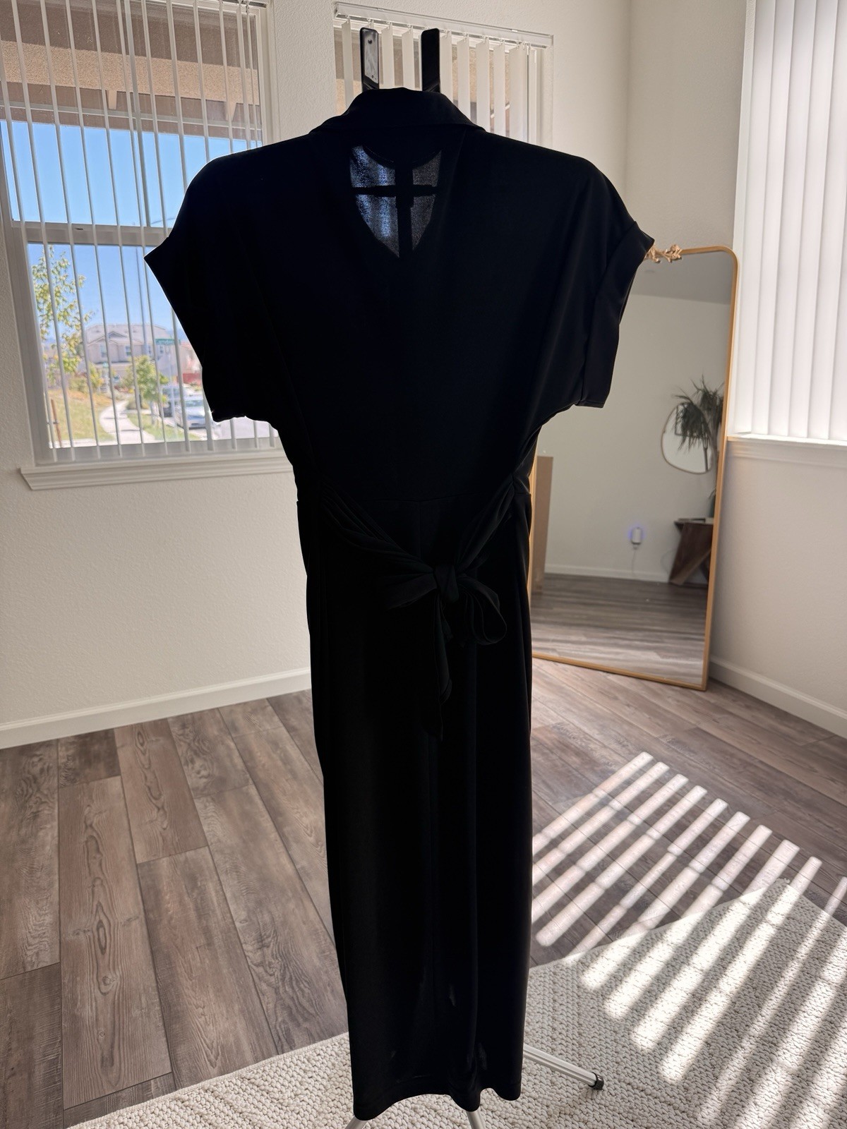 Steve Madden Black Collared Button Belted Shirt Dress Tie Accent Short Sleeve 10
