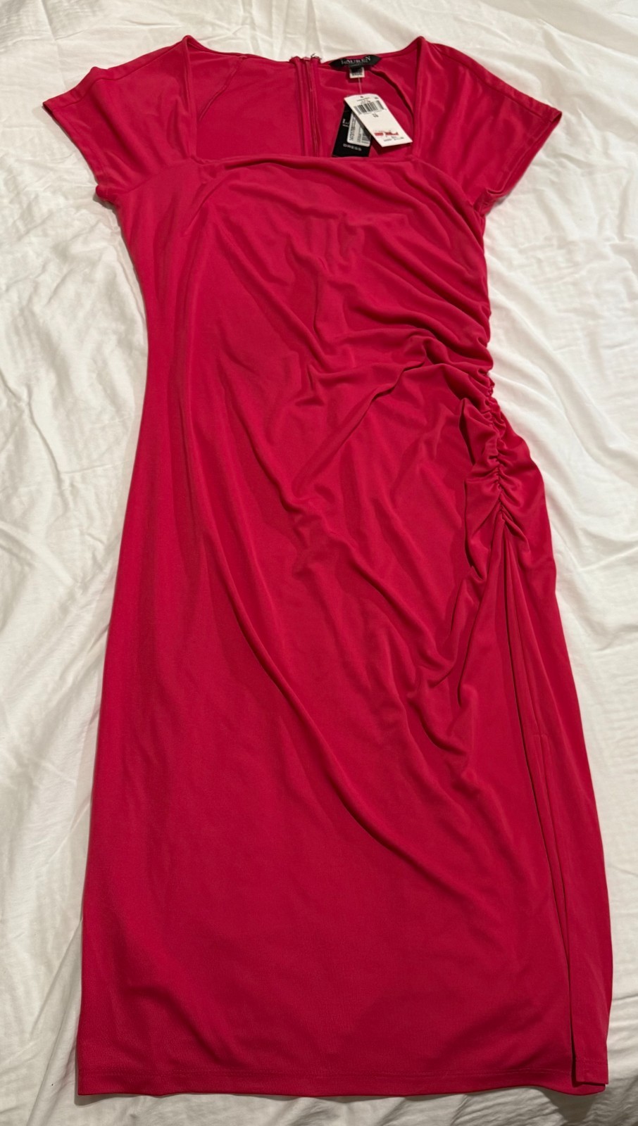 Ralph Lauren Womens Dress Sheath Ruched V Neck Sleeveless Draped Midi Pink