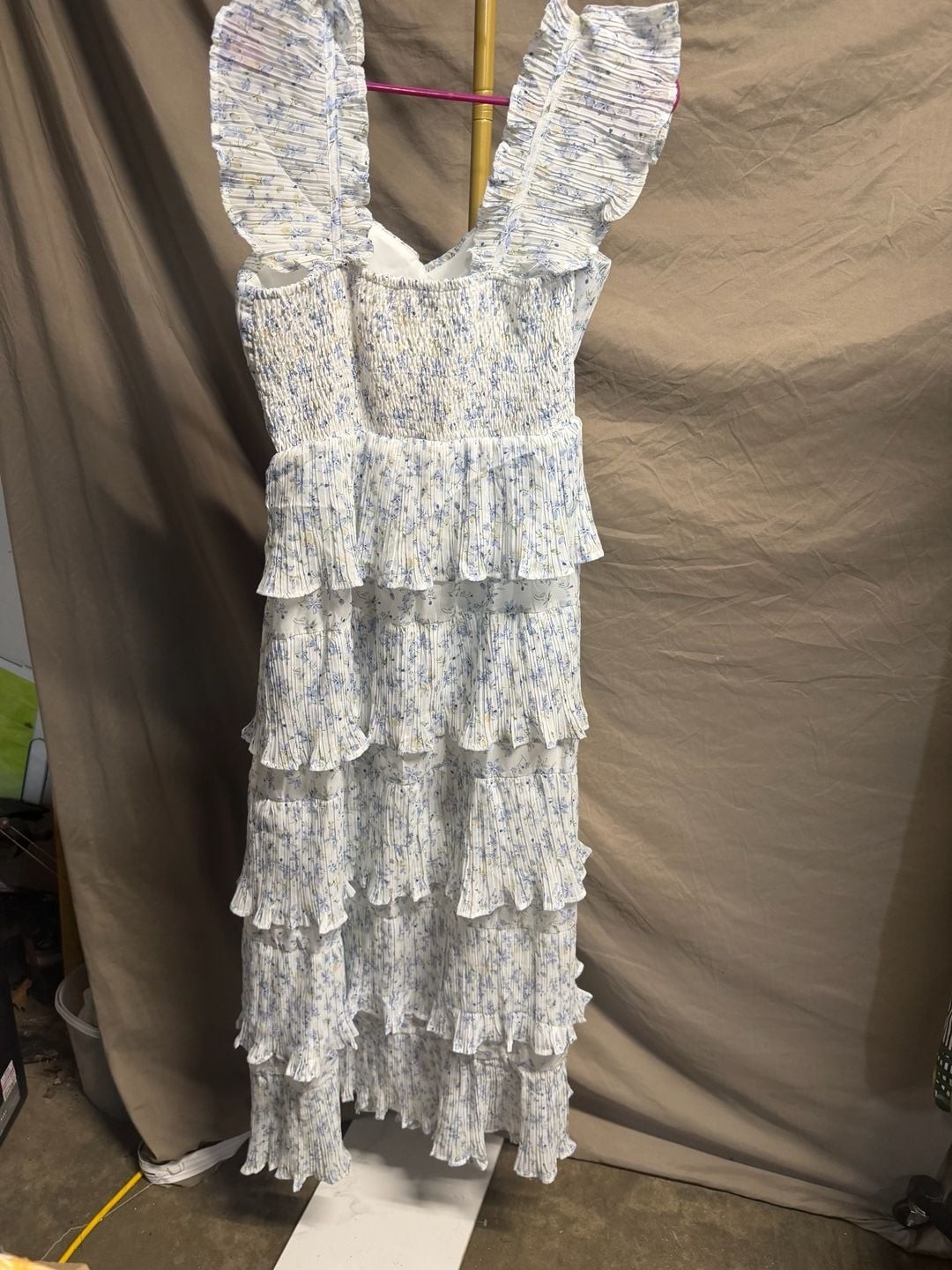 Just Me Blue Floral Pleated Tiered Midi Dress with Ruffle Straps. Waist 15 1/2-