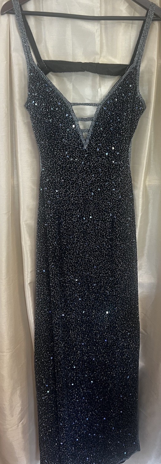 Scala Romy Vintage Formal Backless Evening Gown slit Black Tie Prom Dress XL. J