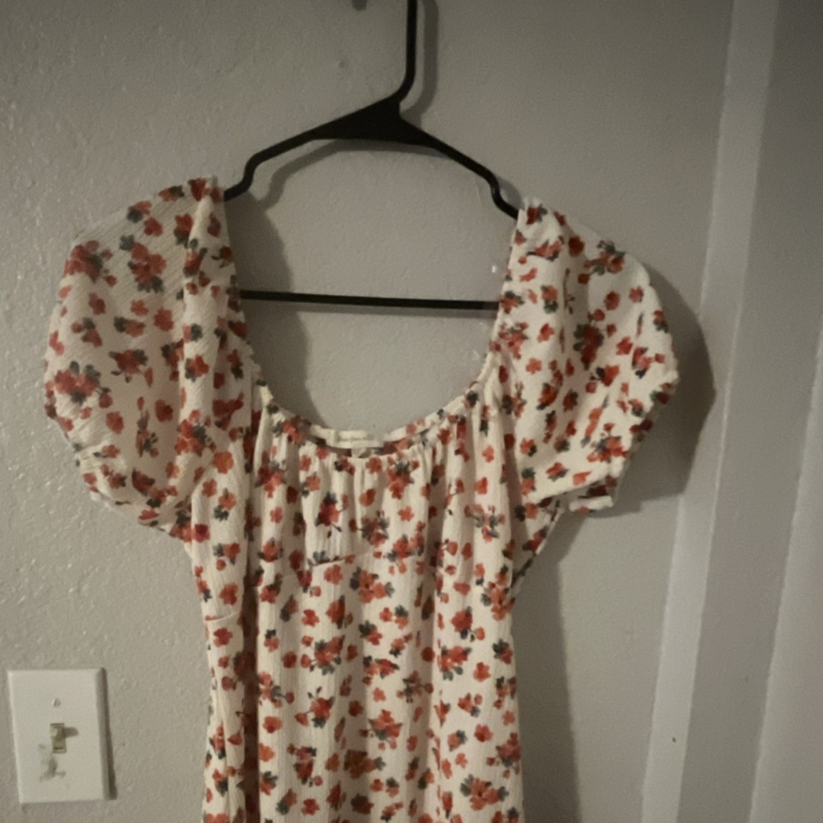 Free For All Floral Long Puff Sleeve A-Line Dress Ruffle White Red Green