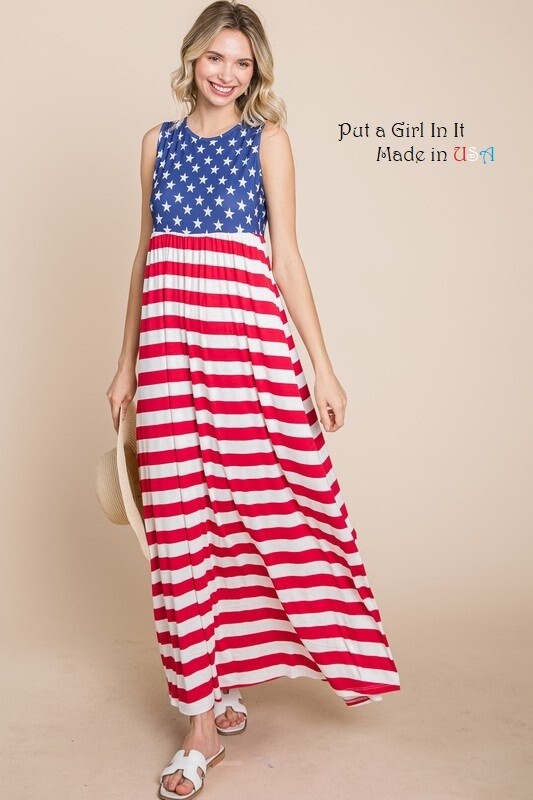 New PLUS SIZE Womens USA AMERICAN FLAG SLEEVELESS MAXI DRESS POCKETS 1X 2X 3X