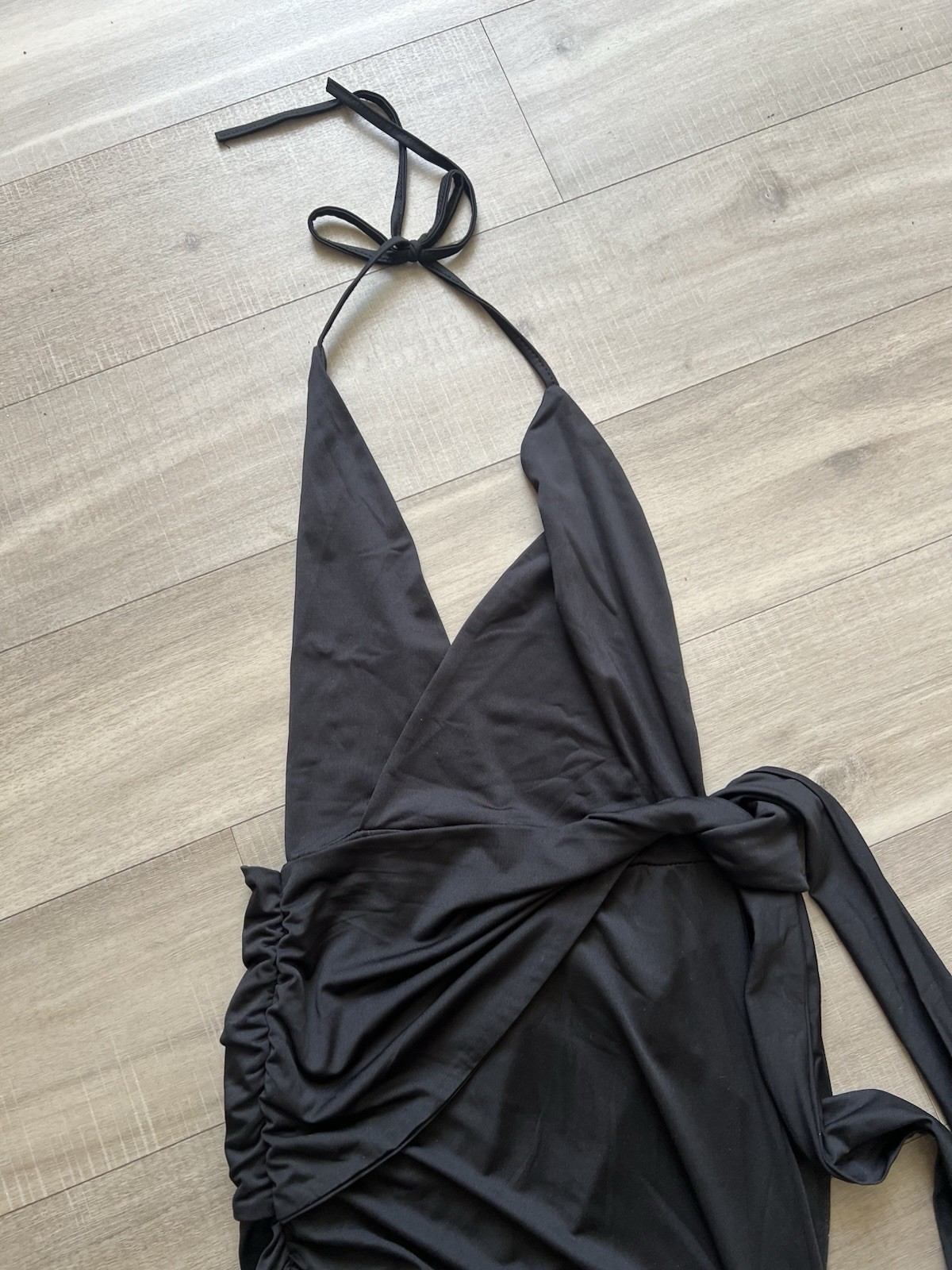 Black Solid Halter V-Neck Wrap Tie Backless Midi Dress Womens L Polyester