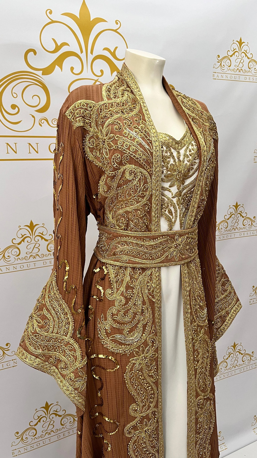 Kaftan Caftan Abaya Dress Golden Embroidery & Beads Paisley Design Long Sleeve