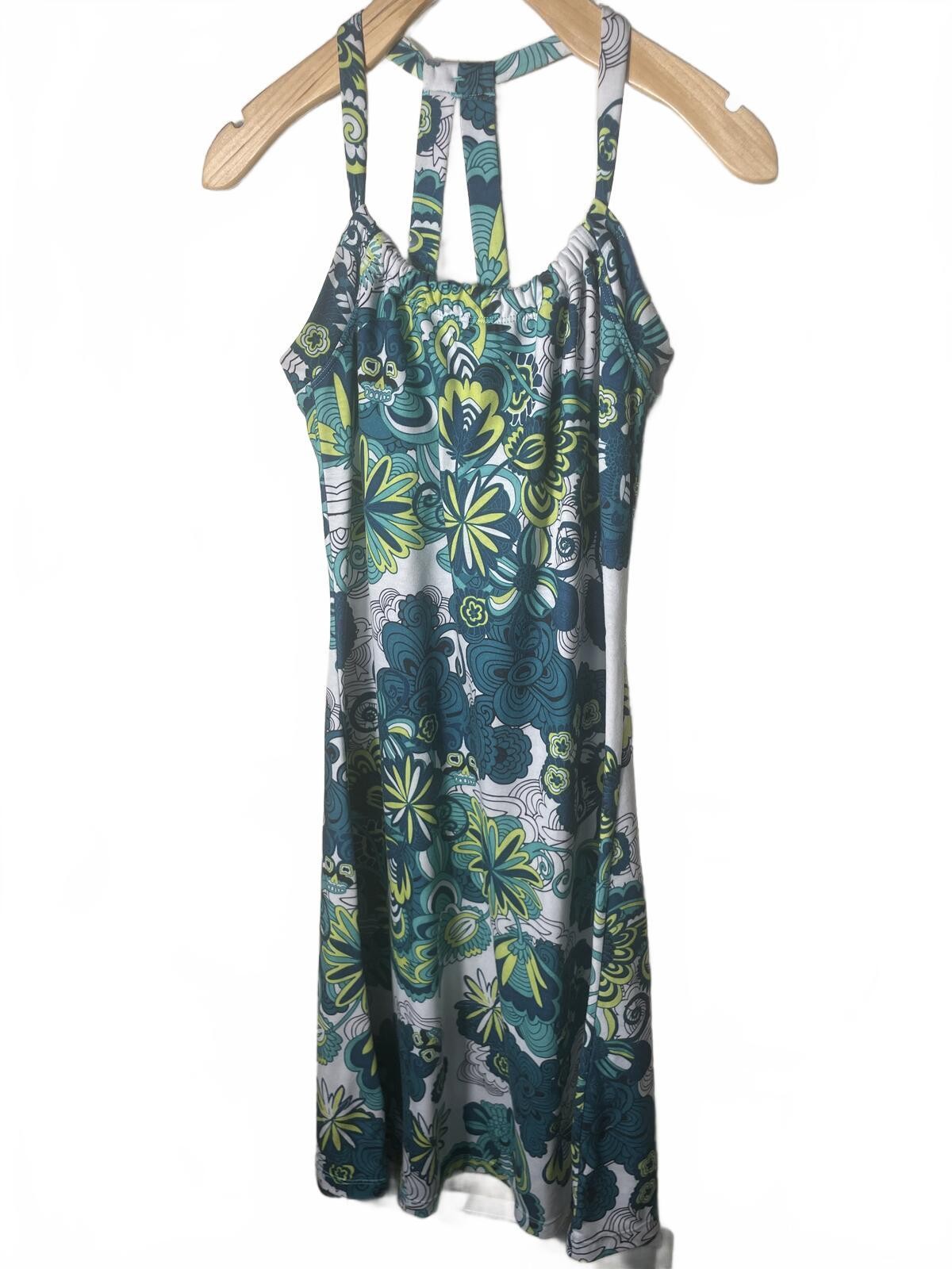 Prana Breathe Floral Skull Halter Midi Dress Women’s Small Blue Green Summer