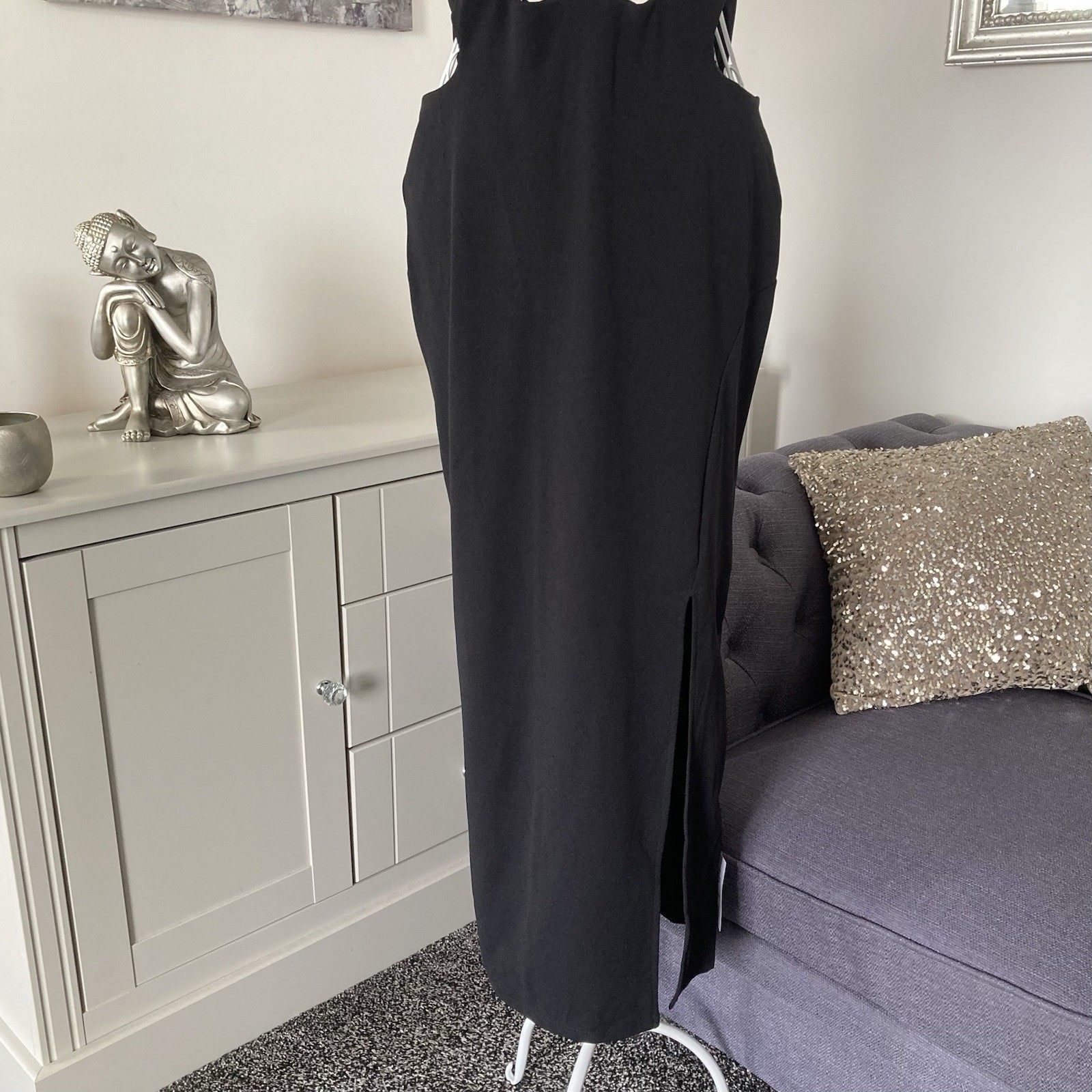 Black Halter Neck Cut Out Detailing Open Back Front Side Split Midi Dress 14 P