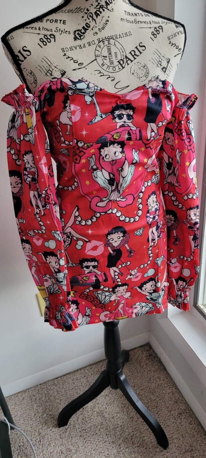 Dolls Kill & Betty Boop Lover Catch A Kitten Off Shoulder Satin Dress Medium