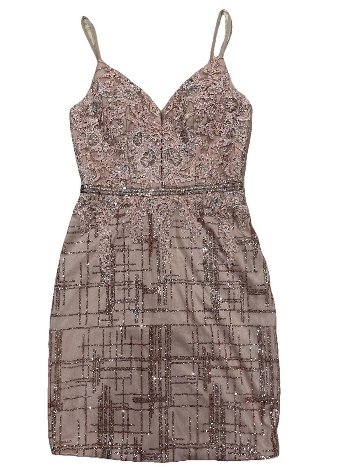 Dancing Queen Spaghetti Strap Glitter Dress Lined Rose Gold Prom Wedding Size S