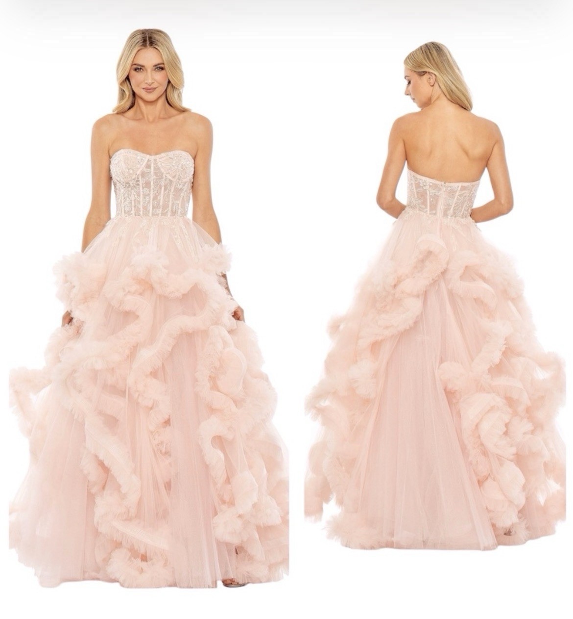 Mac Duggal Pink Strapless Corset Detail Tulle Layered Gown Size 6