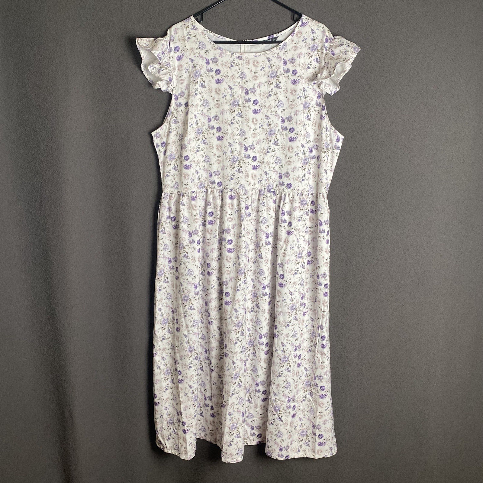 Shein Curve Dress Womans White Purple All Over Print Floaty Floral Cottagecore