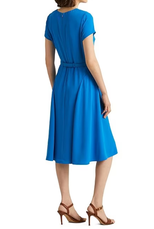 New LAUREN RL Split V-Neck Keyhole Belted Georgette Dress Size-12, $80 Off MSRP