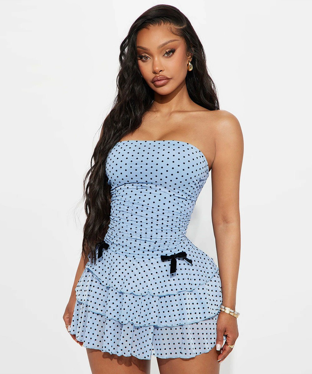 Polka Dot Ruched Ruffle Mini Dress